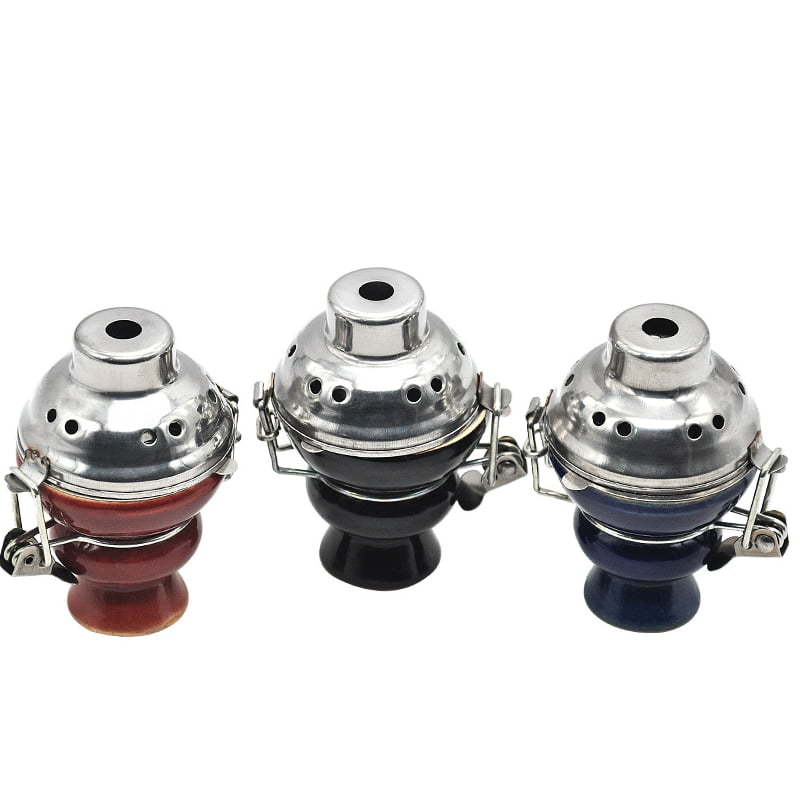 Shisha Hookah Bowl Top Cup Glazed Ceramic Dia. 6cm with Metal Windcover Charcoal Screen Stainless Steel Lid Cover with 20 Pieces Ready Foil - Image 2