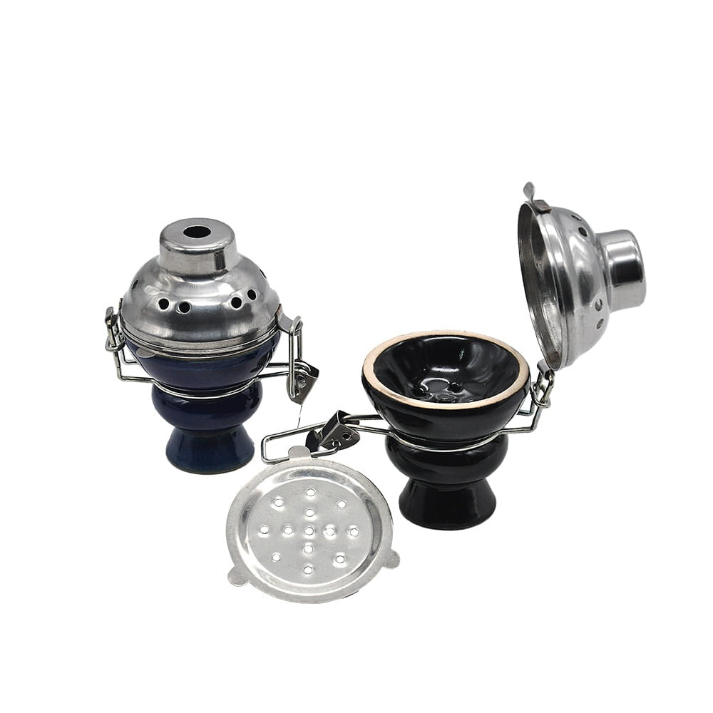Shisha Hookah Bowl Top Cup Glazed Ceramic Dia. 6cm with Metal Windcover Charcoal Screen Stainless Steel Lid Cover with 20 Pieces Ready Foil