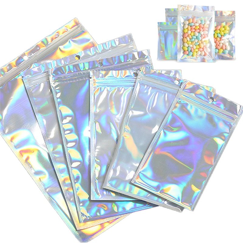 50Pcs Iridescent Zip lock Bags Pouches Cosmetic Plastic Laser Iridescent Bags Holographic Makeup Bags Hologram Zipper Bags new